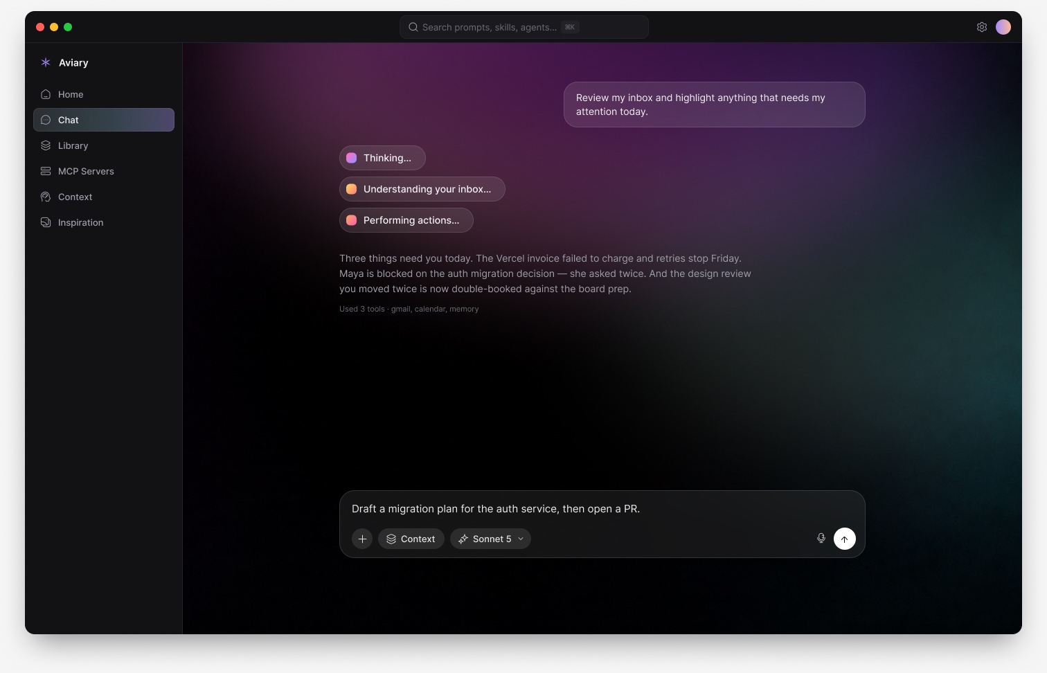 Aviary's chat view running a real CLI session