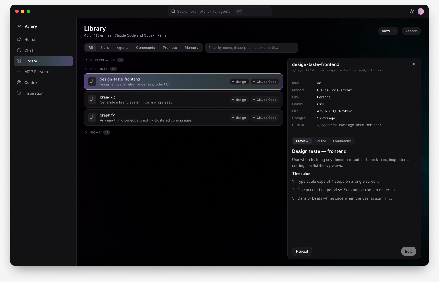 Aviary's library, listing skills and agents grouped by pack with a detail panel open
